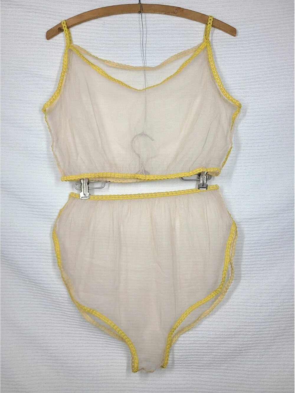 Vtg Sheer Mesh Lingerie Set L Nylon Net Ivory Cream See Thru NOS Chain Straps